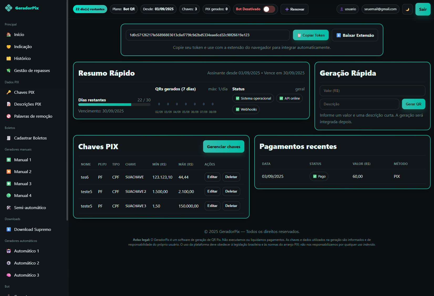 Painel GeradorPix (tema escuro)
