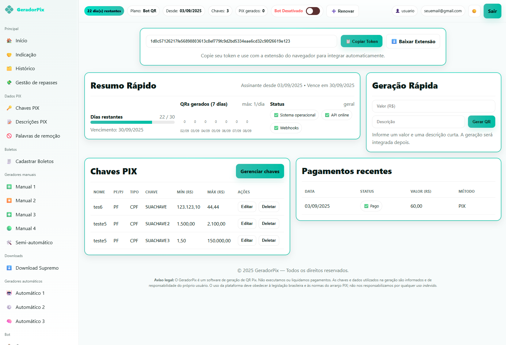 Painel GeradorPix (tema claro)